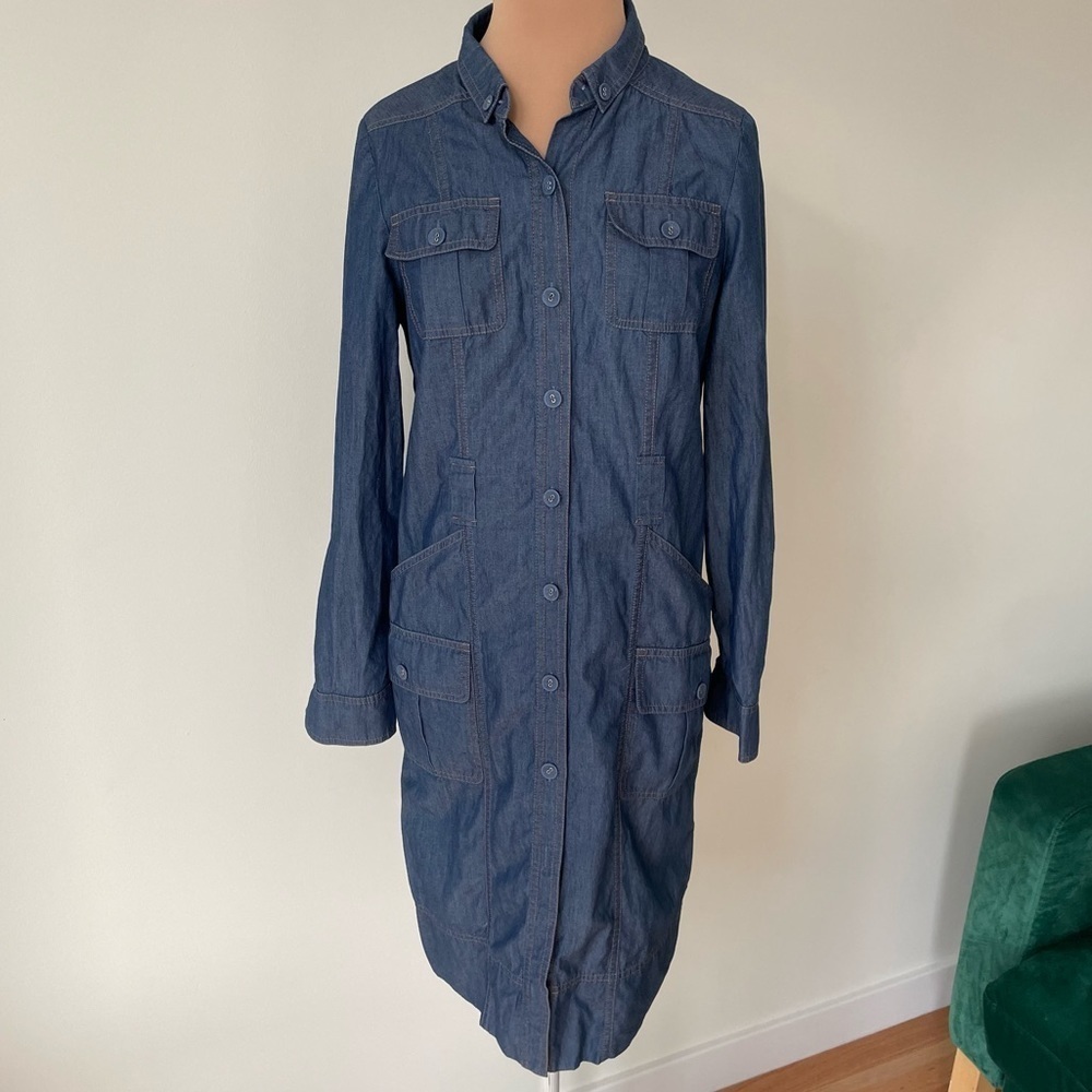 St. John Blue Chambray Cotton Button Down Long Sleeve Roll Tab Dress Size 4